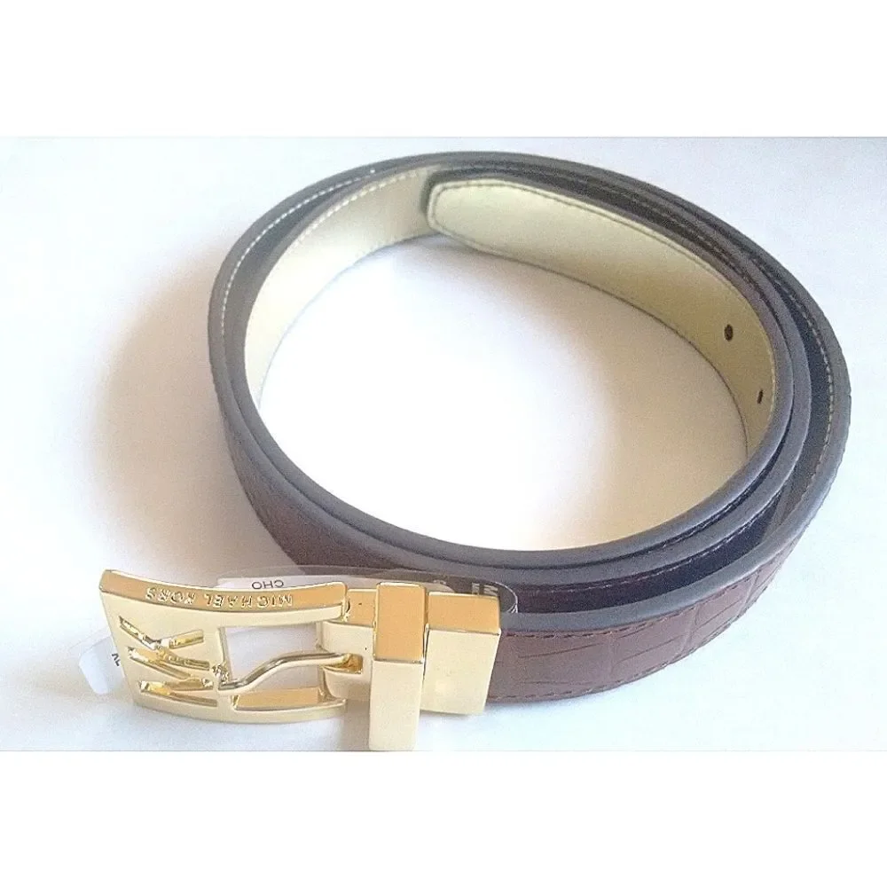 New! MICHAEL KORS MK Logo Women's Reversible Leather Belt Brown Gold Size Large